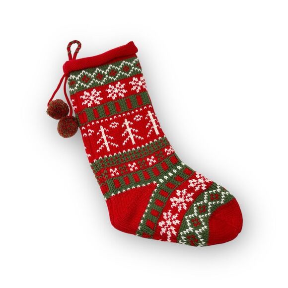 Christmas Stocking Fair Isle Sweater Knit Snowflake Green Red White Acrylic - Picture 1 of 9